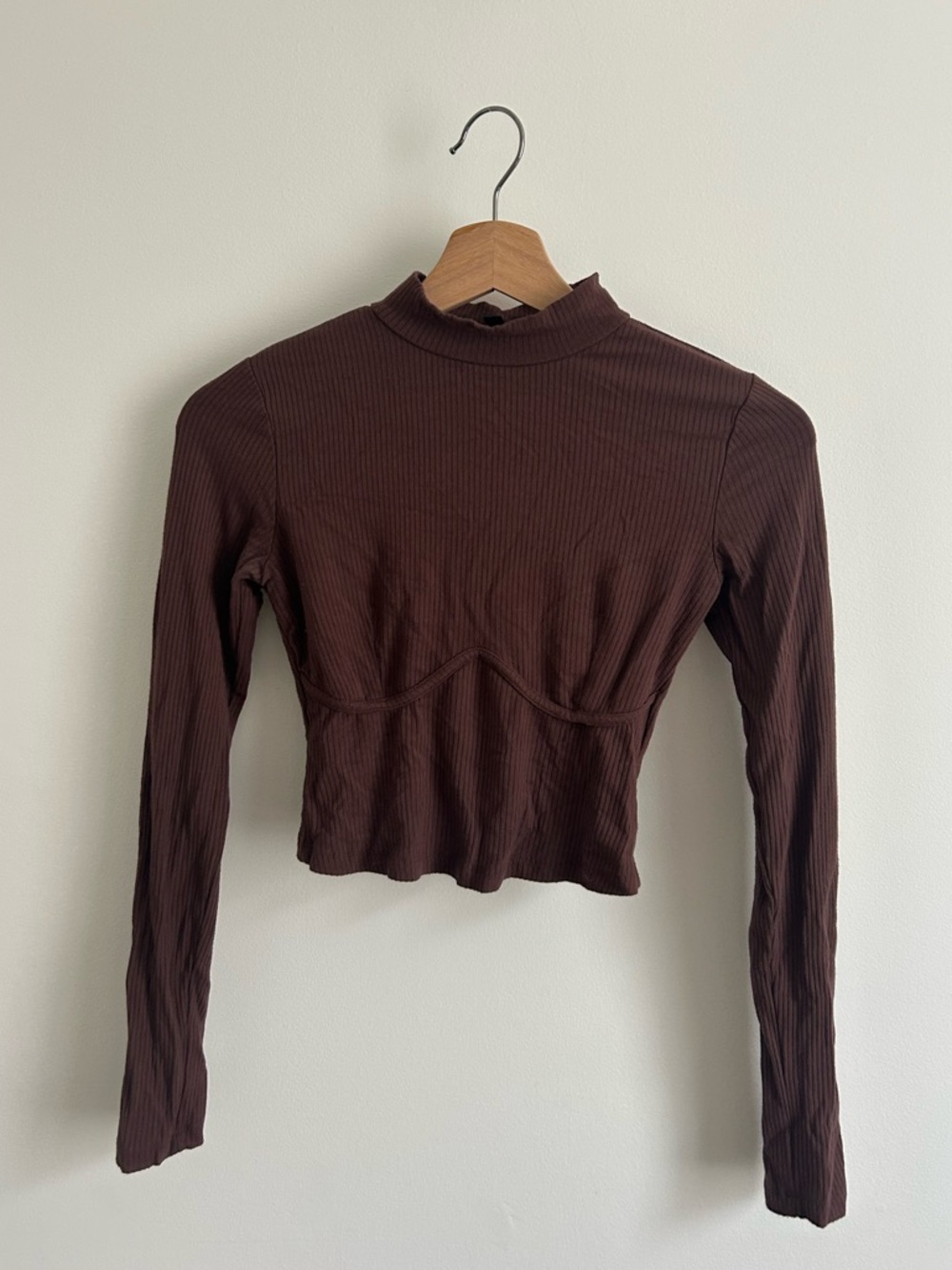 Dynamite Chocolate Brown Ribbed Mock Neck Long Sleeve Top